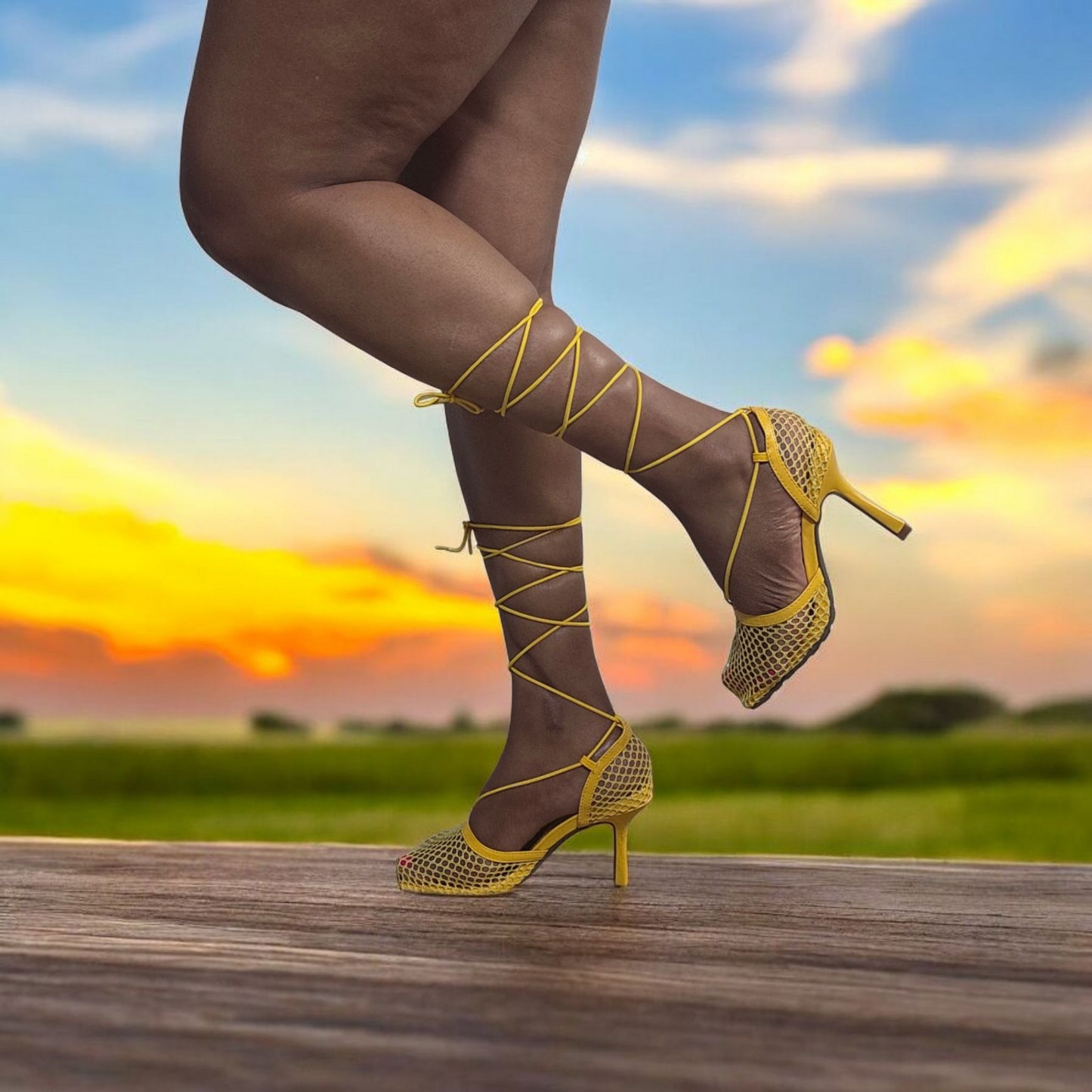 Yellow fishnet heel