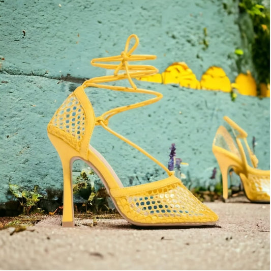 Yellow fishnet heel